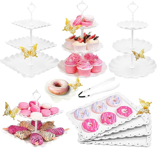 15 PCS Dessert Table Display Set White Cupcake Stand,3 Tiered Tray Stand Cup Cake Tower Holder, Cake Stand Serving Trays Dessert Display Stands for Tea Party Wedding Baby Shower-White