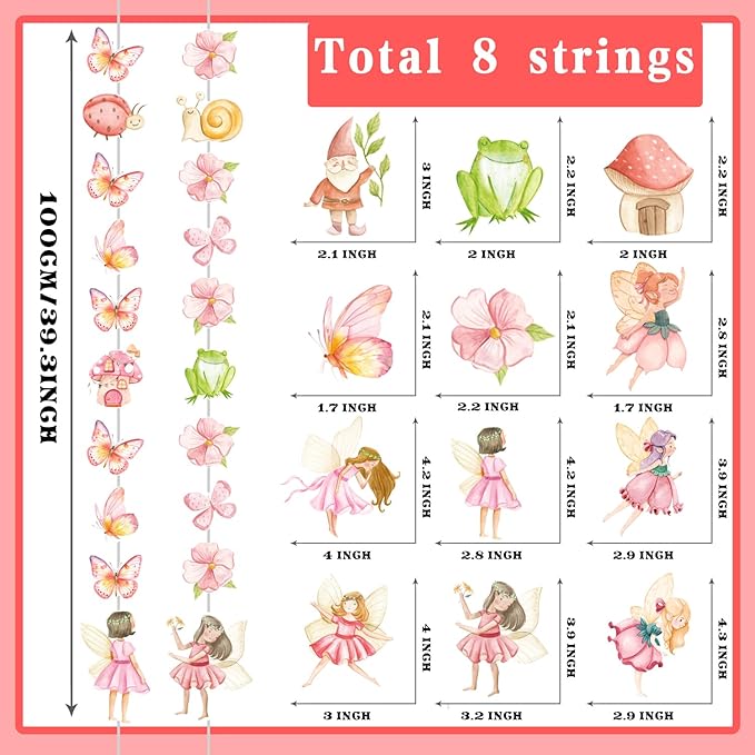 Fairy Birthday Party Decorations 8PCS Fairy Garlands Fairy Theme Party Supplies Butterfly Flower Mushroom Elf Hanging Cutout Garland Banner Streamer for Fairytale Garden Baby Shower Wall Ceiling Decor