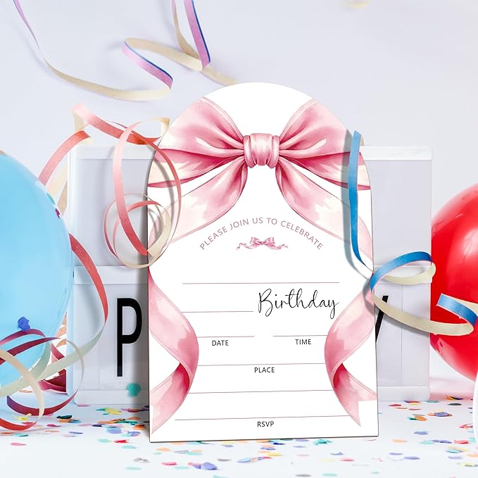 Pink Bow Birthday Party Invitations, Pink Ribbon Bow Party Invitations for Girls, 20 Fill-In invites with Envelopes, Birthday Party Favor & Decoration (arch)
