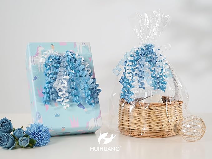 HUIHUANG Blue Bows for Gift Wrapping Blue and White Curly Bows with Self Adhesive & Twist Tie, 7 inch Gift Bow for Presents, Gift Basket, Baby Shower, Christmas Decor, Party Favors- 6 Counts