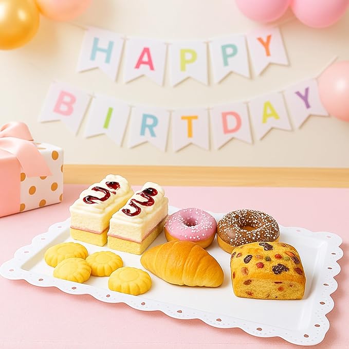 Frigg 4 Pack Serving Trays for Party with Lace Rim,Rectangle Food Trays, Reusable White Plastic Serving Platters Food Display for Birthday Party, Wedding, Restaurant, 14.45" x 9.33"