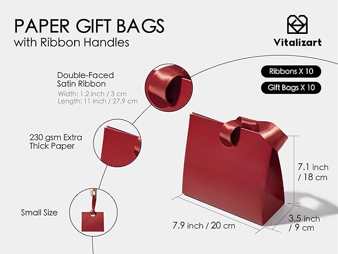 Vitalizart Paper Gift Bags With Ribbon Handles Set of 10 Red Bulk Reusable For Gift Wrap Girls Kids Birthday Bridal Shower Party Favors Goodie Bags Candy Toys Christmas 7.87"x3.54"x7.09" Small Size
