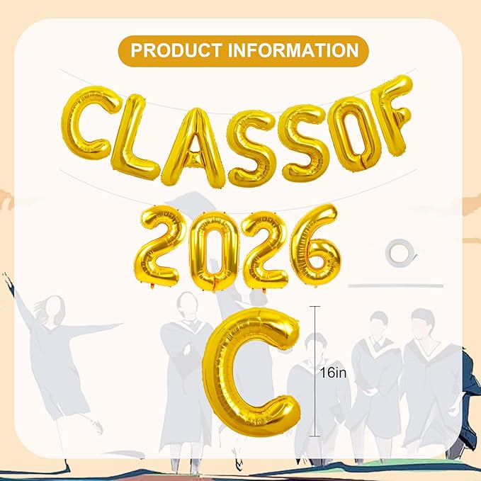 TONIFUL Gold Class of 2026 Graduation Balloon Banners Foil Balloons Decorations 2026 Congrats Grad Balloons for Class of 2026 Congratulation Graduations Party Supplies