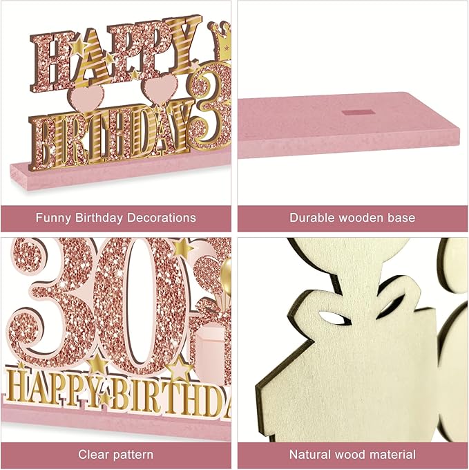 4 Pieces 30th Birthday Decorations Wooden Vintage 1996 Table Centerpieces for Women, Pink Rose Gold Cheers to 30 Years Table Sign Party Supplies, Hello 30 Years Old Bday Table Decor