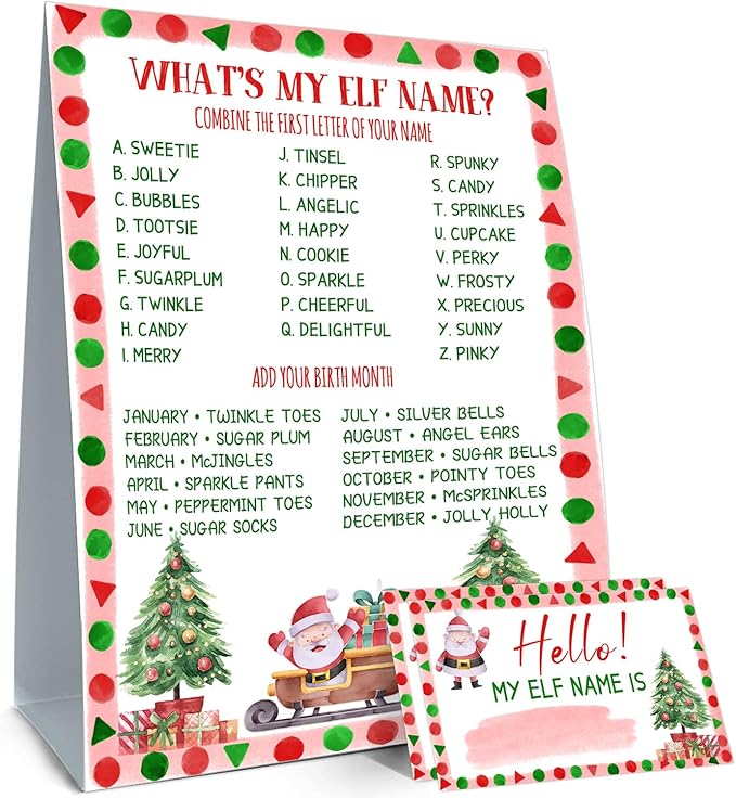 Christmas Party Decorations, What's Your ELF Name , with 1 ELF Themed Sign and 30 Name Stickers, Christmas Party ,Birthday Party Activities for Adults ,Activity Game for Class Graduation