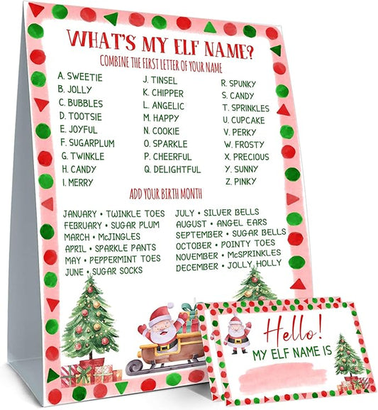 Christmas Party Decorations, What's Your ELF Name , with 1 ELF Themed Sign and 30 Name Stickers, Christmas Party ,Birthday Party Activities for Adults ,Activity Game for Class Graduation