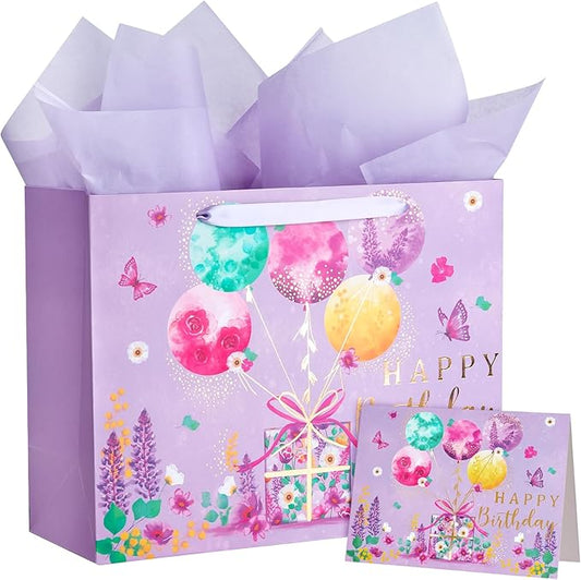 WRAPAHOLIC 13" Large Purple Birthday Gift Bag with Card and Tissue Paper - Gold Foil Fantasy Purple Happy Birthday Gift Bag for Women Girls, Wedding, Bridal Shower