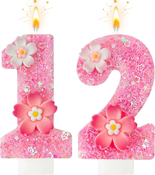Pink Flower Birthday Candle,Number Birthday Candles for Cake, Ideal Birthday Parties Cake Decor, Wedding Anniversary and Other Celebrations (Number 12, Pink)
