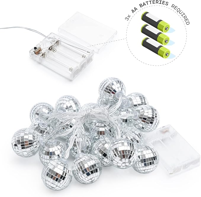 20 LED 2" Disco Balls String Lights 10.5ft, Memory Timer, Battery Operated Portable Decorative Novelty Christmas Holiday Hanging Fairy Light Garland Indoor/Outdoor, Silver Mirror/Colorful