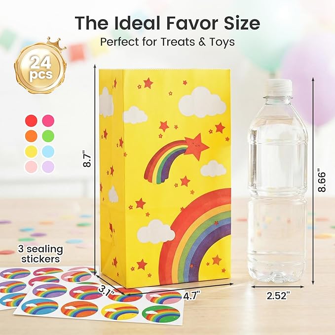 VGOODALL 24 Pack Rainbow Party Favor Bags with Stickers - 8.7"x4.7"x3.1" Colorful Cloud & Star Goodie Bags, 8 Rainbow Colors for Kids Birthday, Baby Shower & School Events