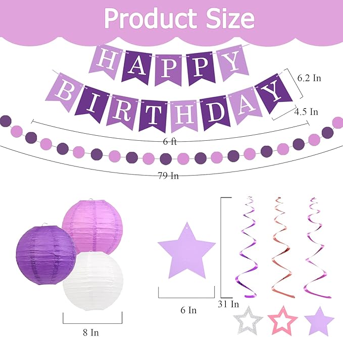 Happy Birthday Decorations, Purple Birthday Party Decorations Set with Happy Birthday Banner, Paper Lanterns, Star Swirl Hanging Decorations & Circle Dots Garland