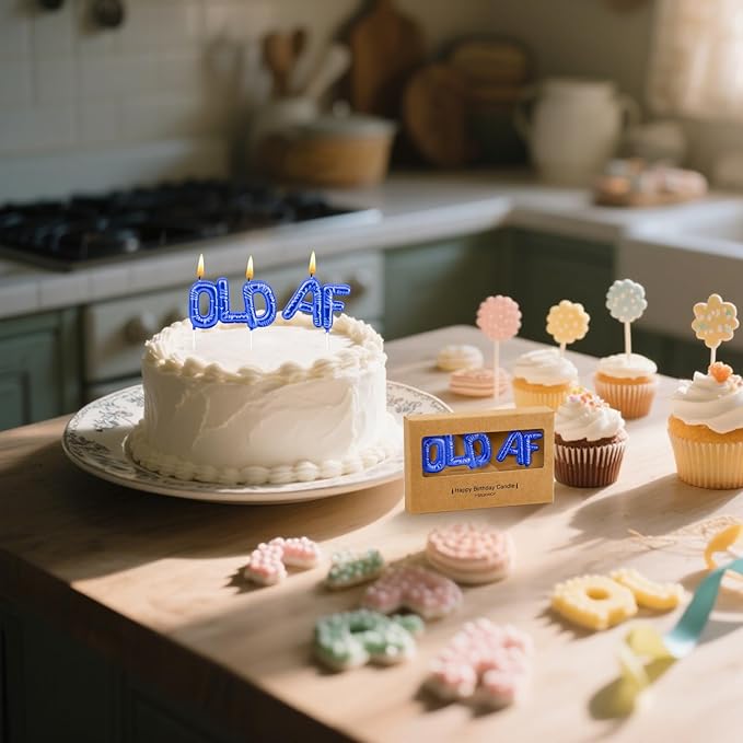 Funny Old AF Birthday Candles for Cake – Humorous Birthday Cake Candles for Milestone Birthdays & Retirement Parties (Blue)