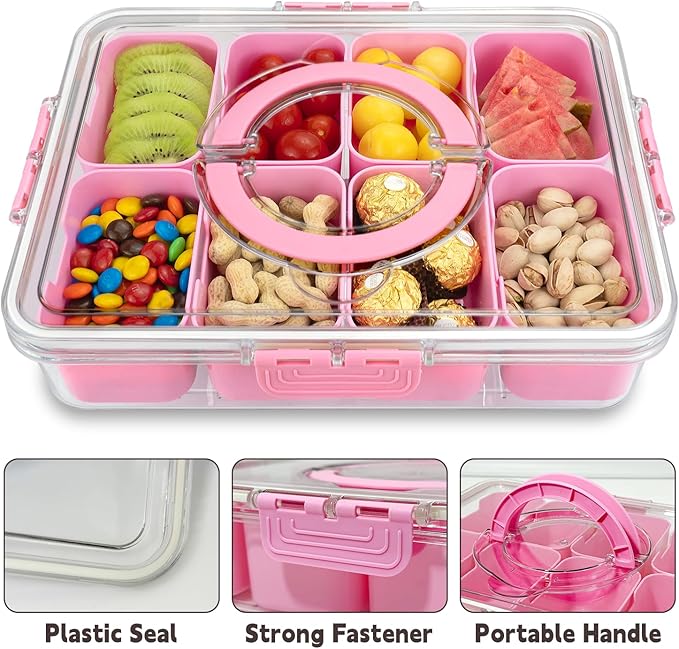 Divided Serving Tray with Lid and Handle, 8 Compartments Snack Box, Portable Platter for Candy Fruits Nuts, Snack Party Entertaining Picnic