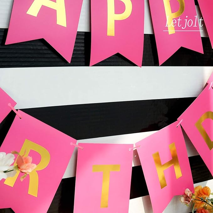 Letjolt Happy Birthday Banner Pure Roseo Party Signs Golden Sparkle Bunting Funny Supplies for Girls Birthday Party Decorations 13 Pieces