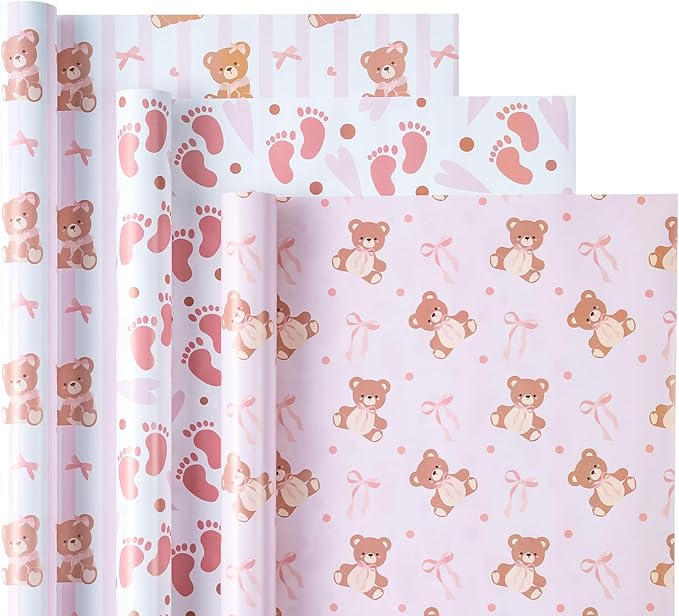 WRAPAHOLIC Bear Baby Shower Wrapping Paper - Mini Roll - 3 Rolls - 17 Inch x 120 Inch - Coquette Teddy Bear with Pink Ribbon Bow Wrapping Paper for Baby Shower, Girls Birthday