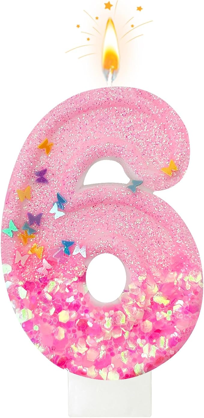 Pink Sequin Birthday Candles, Cake Number Candles, Girls 0th Birthday Decorations, Suitable for Birthday Parties, Anniversary Party Decorations(6)