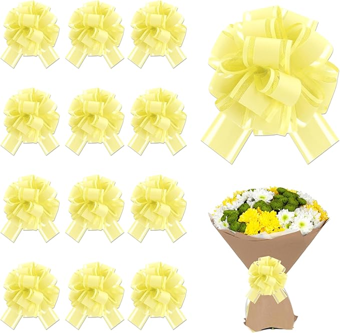 12 Pcs Yellow Gift Bow Pull Bows for Gift Warpping Christmas Warp Ribbon Bow Party Birthday Wedding Solid Bows for Bikes Anniversary Boxes Flower Decorations Valentine's Day (Yellow-E)