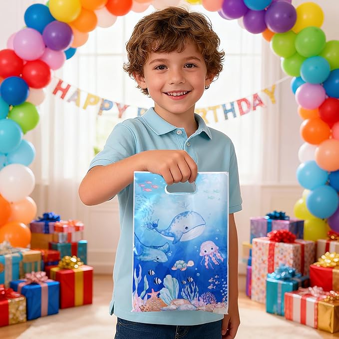 50 Pcs Ocean Animal Party Favor Bags with Handles - Plastic Under the Sea Party Goodie Bags for Candy & Small Gifts, Bulk Supplies for Wedding Baby Shower Treat Bags, Holiday Gift Bags(Thanksgiving, Halloween, Christmas, New Years), Birthday Party Deco...