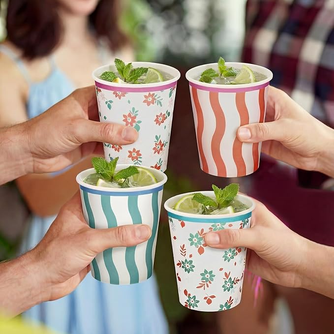 Yungyan 48 Pcs Italian Summer Paper Cups Italian Summer Bachelorette Party Supplies 9 oz Stripe Wavy Floral Cups Last Toast Coast Decorations for Beverage Birthday Bridal Shower Party Favors