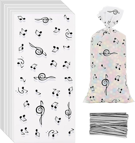 Lecpeting 100 Pcs Music Notes Treat Bags Music Cellophane Candy Bags Musical Party Favor with Twist Ties for Birthday Party Supplies