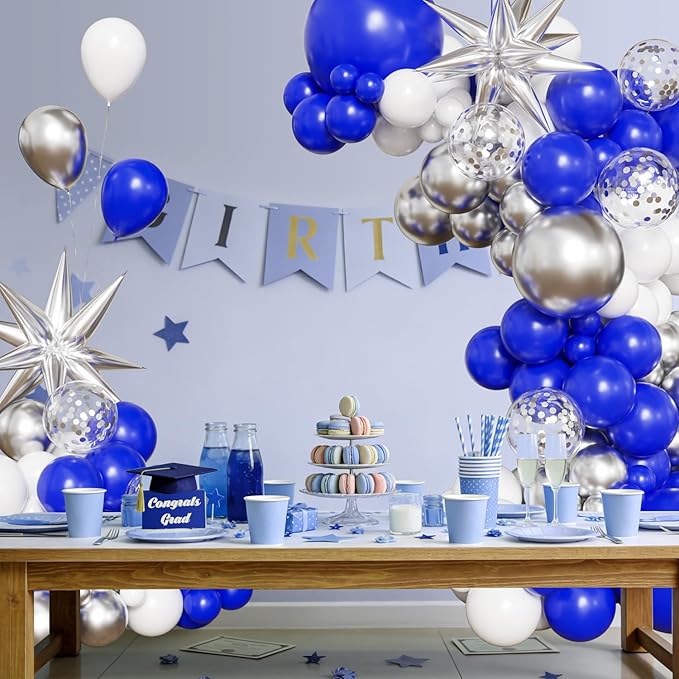 Blue White Silver Balloon Arch Kit, 130Pcs Blue and Silver Graduation Decorations with Foil Star Silver Confetti Balloons for College High School Graduation Decorations Class of 2026