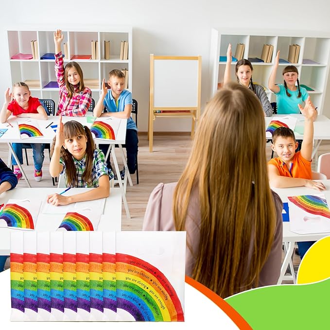 Coume 100 Sets Inspiration Quotes Treat Bags with Handles Small Plastic Party Favors Gifts Bags for Kids Students Birthday Party Gifts Favors (Rainbow Style)