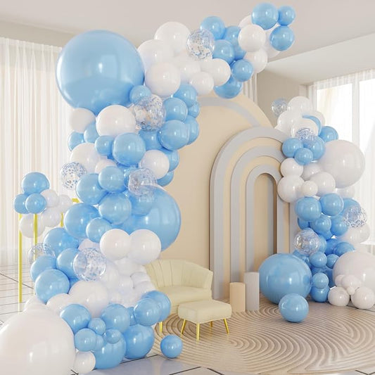 Blue White Balloons Arch Kit, 124pcs Blue and White Confetti Balloons with 16ft Tape Strip & Dot Glue for Birthday Baby Shower Wedding Party Decorations