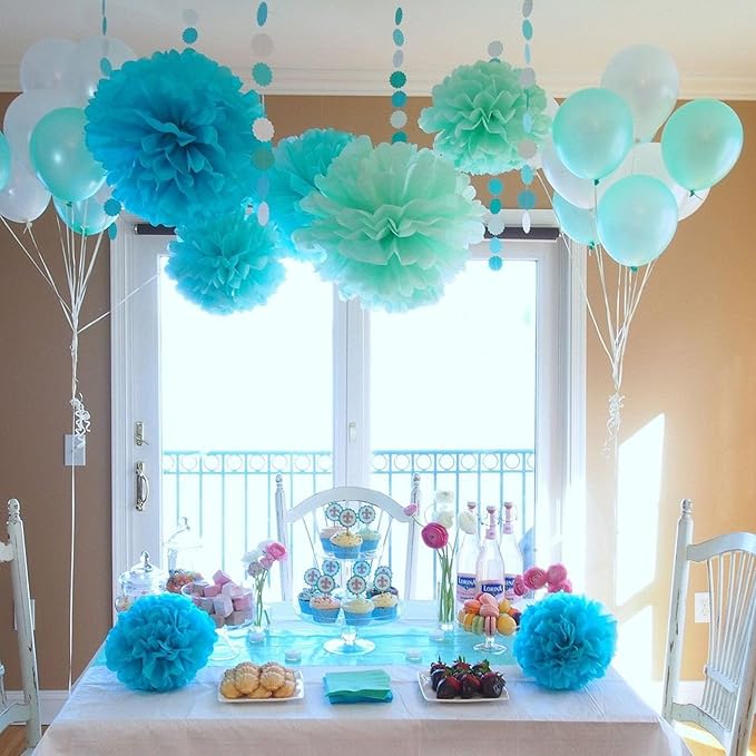 20 PCS Emerald Blue Tissue Paper Pom Poms, Tissue Pom Poms Flowers, Sizes of 6", 10", 12", 14" Hanging Paper Flower Ball for Wedding, Birthday, Halloween, Christmas, Baby Shower Party Decor