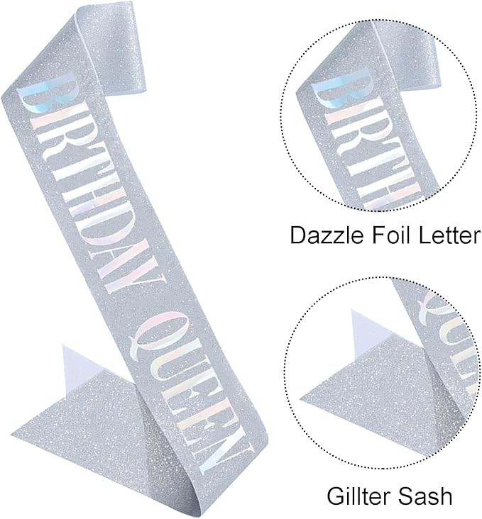 Birthday Queen Sash, Dazzle Foil Letter Glitter Silver Birthday Sash for Women Girl 21st 30th 40th 50th 60th Gifts Funny Bday Gifts Party Favors Photo Prop