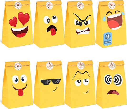 VGOODALL 36 Pack Funny Face Party Favor Bags with Stickers - 8.7"x4.7"x3.1" Yellow Cartoon Expression Goodie Bags, for Kids Birthday, School Rewards, Carnival & Gift Packaging
