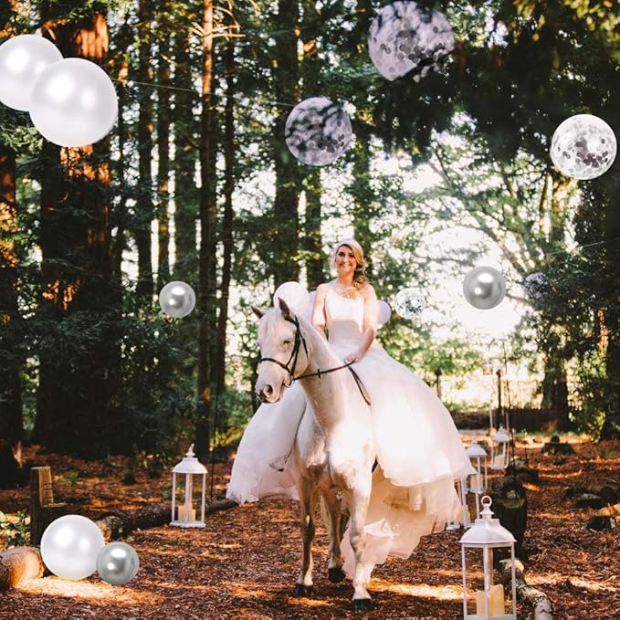 White Silver Confetti Latex Balloons, 50 Pack 12inch Silver Metallic Party Balloon Set with Silver Ribbon for Wedding Birthday Baby Shower Decorations