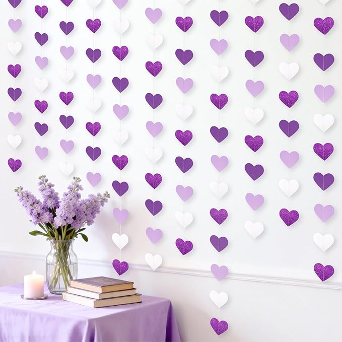 GCQQ Purple Heart Garland - 52Ft/16M Purple and White Lavender Party Decorations 4 Packs Glitter Hanging Heart Streamers for Birthday Wedding Baby Bridal Shower Bachelorette Party Backdrop Décor