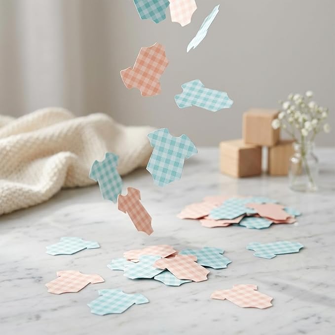 BeYumi Baby Shower Table Confetti - 300Pcs Blue Pink Short-Sleeve Bodysuits Table Confetti Decorations Plaid Baby Outfit Scatter Paper Decor for Baby Girls Boys Gender Reveal Birthday Party Supplies