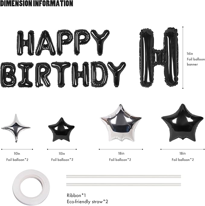 CANREVEL Happy Birthday Banner 13pcs 16 Inch Mylar Foil Letters Sign with 8pcs Star Balloons Birthday Party Decorations for Kids and Adults - 3D Black