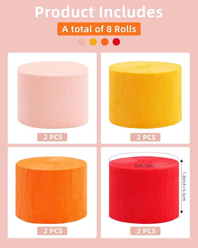 8 Rolls Crepe Paper Streamers Party Decorations, 1.77 Inch x 656 Feet Crepe Streamers, Orange Streamers Birthday Party Decorations