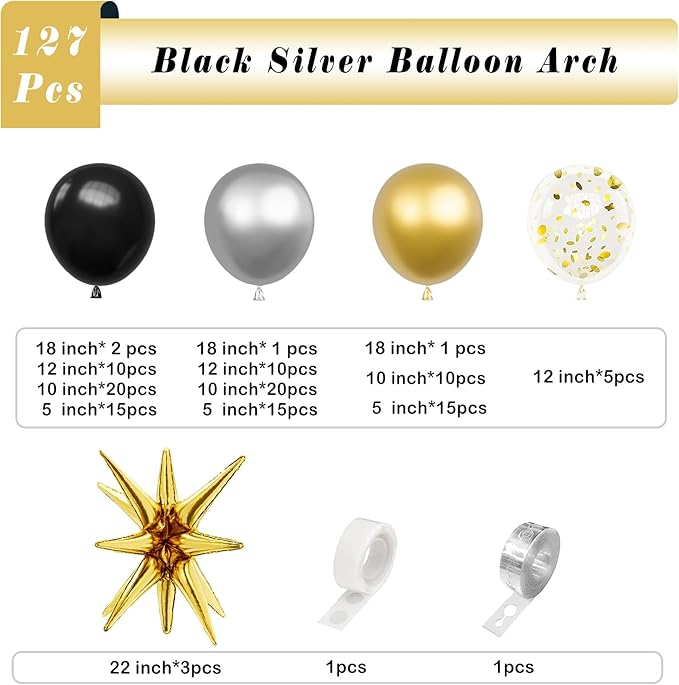 Black Gold Balloons Arch Garland Kit-Metallic Silver Balloon Chrome Latex Gold Explosion Star Foil Balloon 127Pcs for Birthday,Graduation,Gender Reveal,Baby Shower Party Decorations.