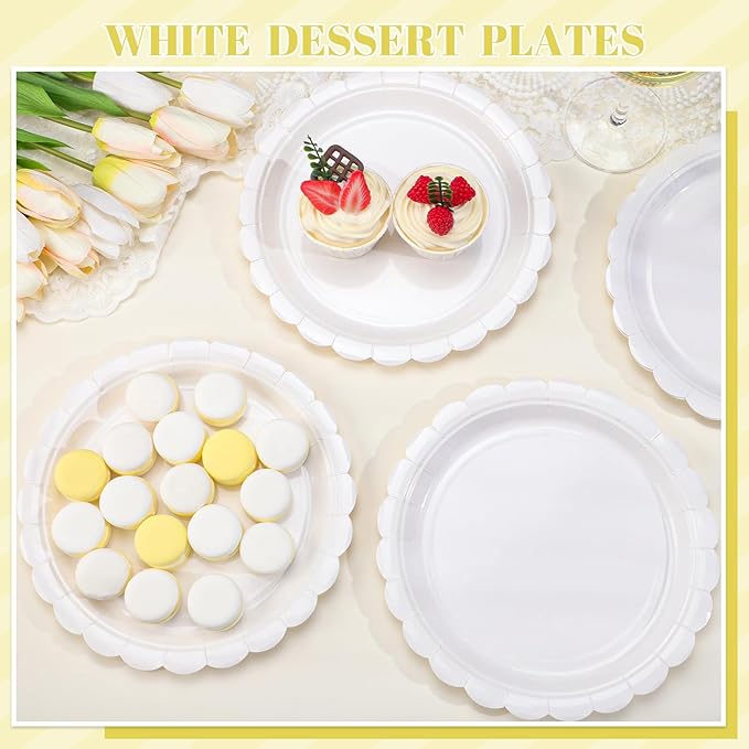 NatNarr 30 Pcs Scalloped Plates 9 Inch Disposable Graduation Paper Plates White Cute Dessert Cake Plate Dinner Party Plate for Congrats Grad, Wedding, Birthday, Engagement