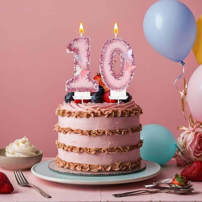 10th Birthday Candles, Glitter Butterfly Cake Toppers Pink Sequins Numeral Cupcake Decorations, Suitable for Girl and Boy Cakes, Party Celebrations, Birthday Decorations