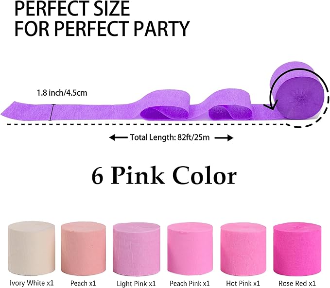 Crepe Paper Streamers 6 Rolls 492ft, Pack of Pink Theme Party Streamers for Party Decorations, Birthday, Wedding, Baby Shower, Graduation, Christmas