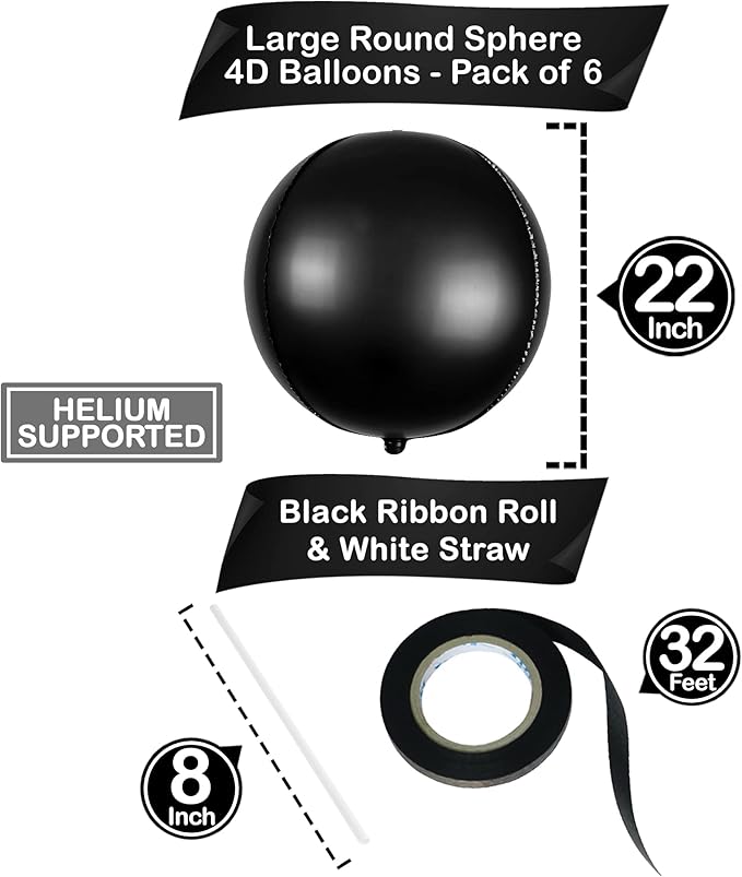 KatchOn, Black Balloons - 22 Inch, Pack of 6 | Black Foil Balloons, 4D Metallic Balloon for Graduation Decorations 2026 | Graduation Balloon for Black Birthday Decorations, Prom Decorations 2026