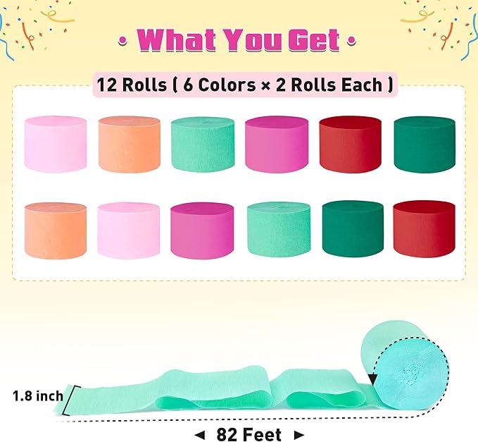 Crepe Paper Streamers, 12 Rolls Party Streamers, 6 Colors 984 Ft Streamers Party Decorations for Birthday, Wedding, Baby Shower, Holiday, DIY Crafts, Backdrop