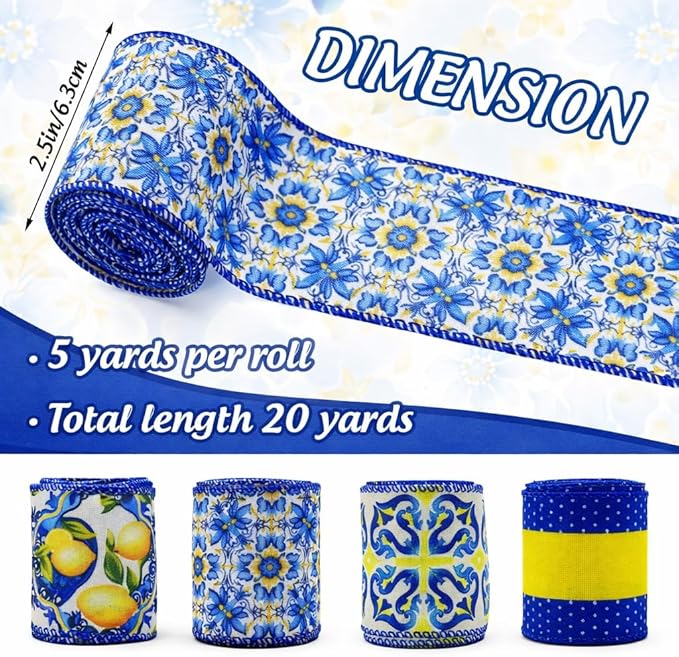 4 Rolls Lemon Wired Edge Ribbon, 2.5 Inch x 20 Yards Summer Yellow Lemon Print Grosgrain Ribbon for Wreath Bow Making, Gift Wrapping, DIY Crafts, Baby Shower, Party Decorations (Blue Lemon)