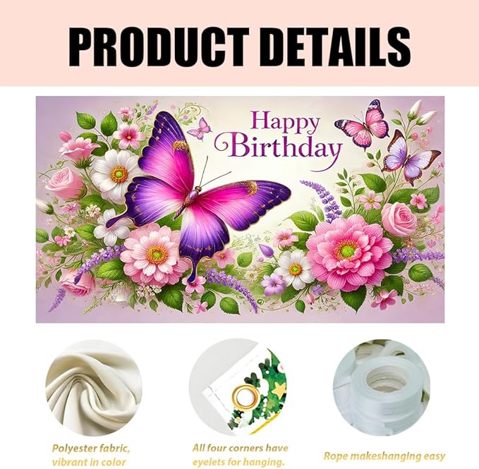Happy Birthday Banner Elegant Butterfly and Floral Garden Design Soft Pastel Color Wall Hanging for Birthday Party Celebration Home Decoration 70.87 x 43.31 Inch