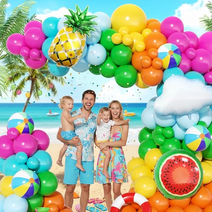 Tropical Hawaiian Balloon Garland Arch Kit 160Pcs, Summer Beach Pool Balloons Arch Kit with Beach Ball Pineapple for Birthday Hawaiian Luau Pool Beach Party Baby Shower Coconut Party Decor