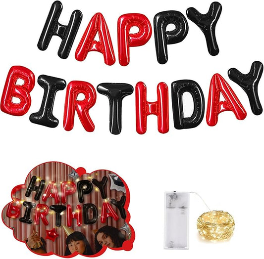 CANREVEL Happy Birthday Banner 13pcs 16 Inch Mylar Foil Letters Sign Balloons with LED Lights Birthday Party Decorations for Kids and Adults - 3D Black Red