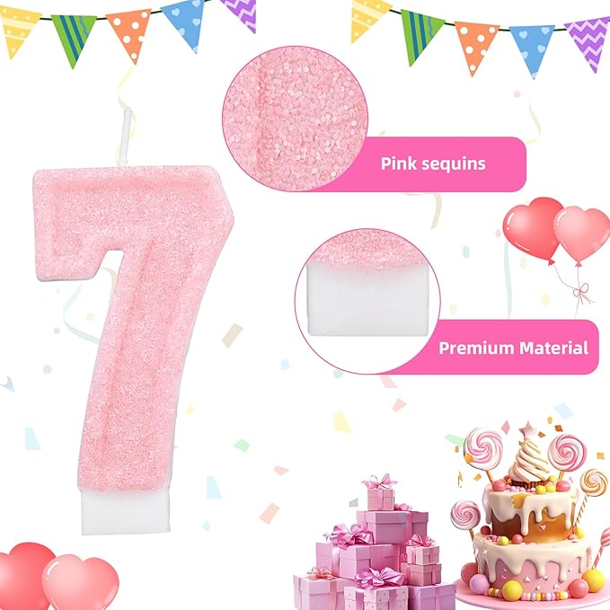 Pink Number Birthday Candles, Romantic Cake Glitter Pink Number Candles Anniversary Cake Topper Decoration Cute Birthday Party Supplies for Wedding Anniversary Celebration Supplies (7)