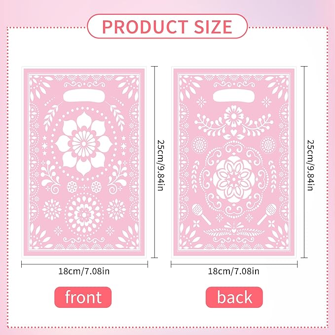 MOIZYNG 50 Pcs Cielito Lindo Candy Bags, Pink Floral Plastic Gift Goodie Party Favor Bags with Handles, Mexican Fiesta Party Decorations for Birthday Cinco de Mayo Wedding Baby Shower Supplies