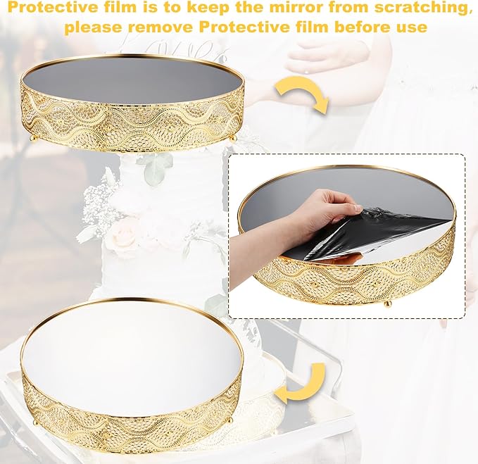 Skylety Set of 3 Round Wedding Cake Stand 10'' 12'' 14'' Metal Dessert Display Stand with Glossy Mirror Dessert Cupcake Cookies Holder for Wedding, Event, Birthday Party(Gold)