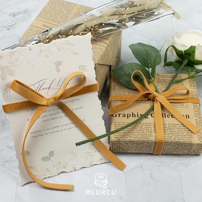 Khaki Velvet Ribbon 3/8 Inch x 21Yd Vintage Gold Thin Velvet Ribbon Double Faced Ribbons Set for Christmas Tree Ornaments Gift Wrapping Wedding Decoration Wreath & Hair Bows Making