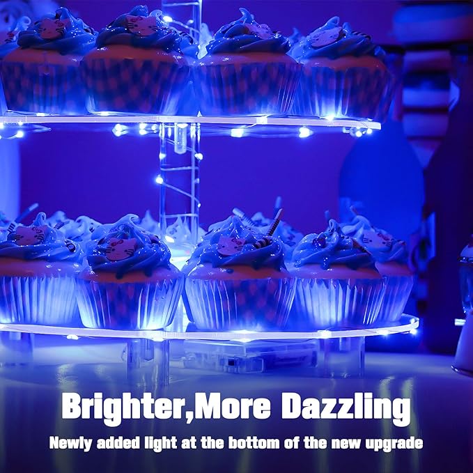 YestBuy 4 Tier Round Cupcake Stand – Premium Cupcake Holder – Acrylic Cupcake Tower Display- Cady Bar Party Décor + LED Light String – Ideal for Weddings, Birthday Parties & Events (Blue)